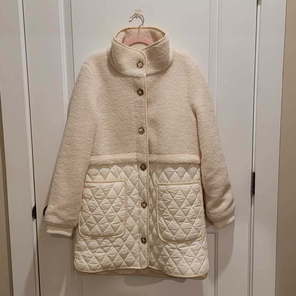 Loft Quilted Sherpa Jacket Cream Funnel Neck Winter Teddy Coat Oversized